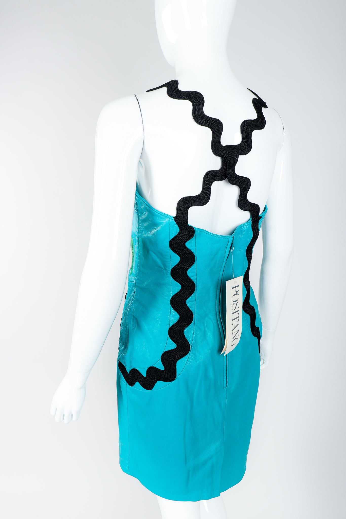 Vintage Positano Teal Leather Cocktail Sheath on Mannequin, back view, at Recess Los Angeles