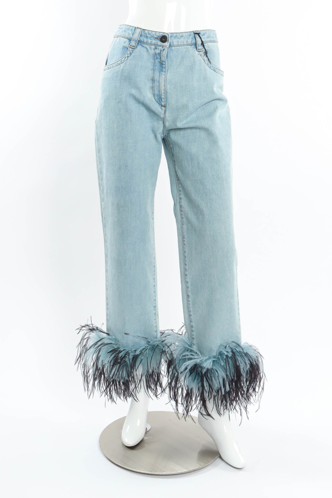 2017 Prada S/S Ostrich Feather Denim Pant mannequin front @ Recess Los Angeles