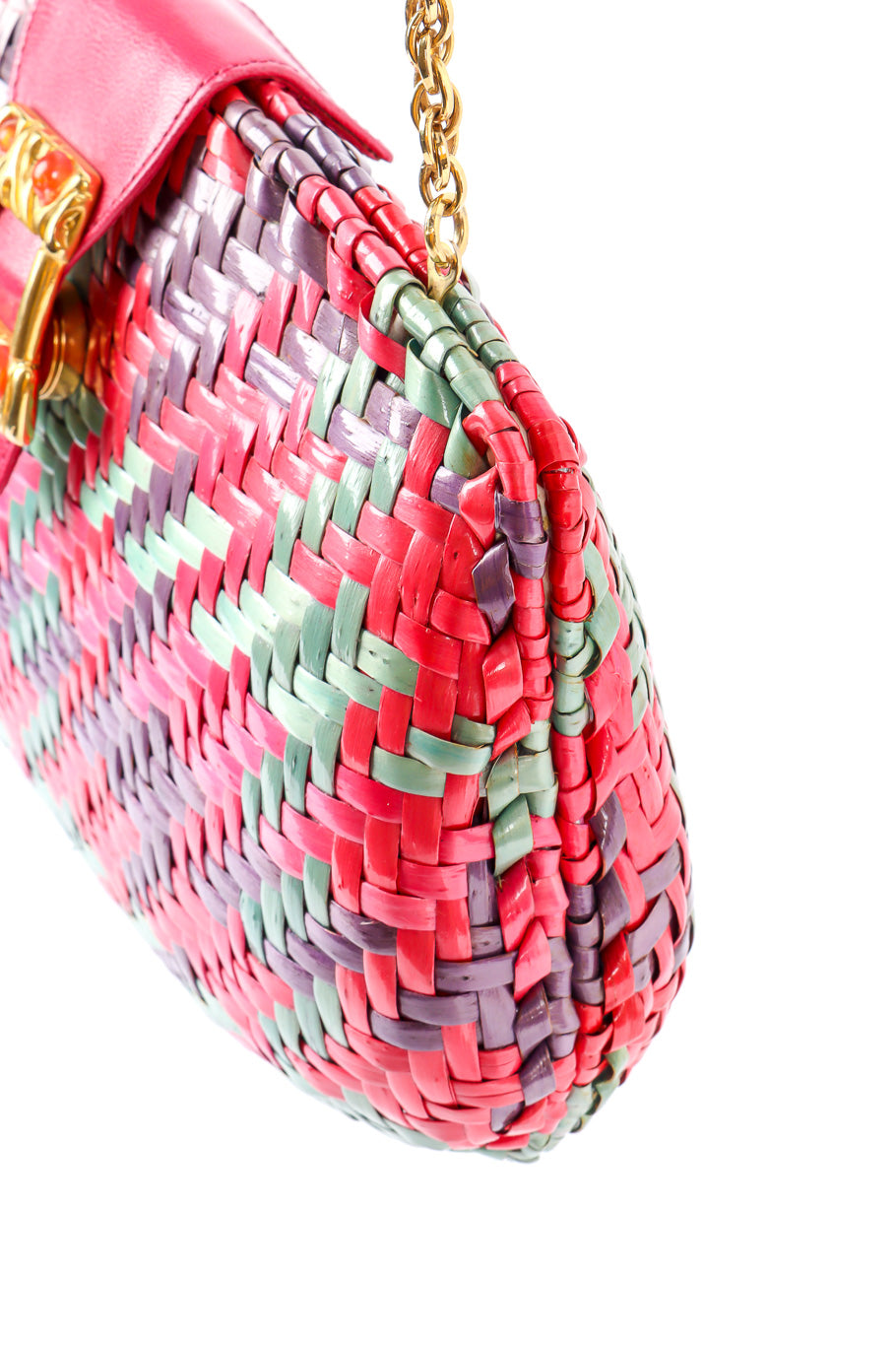 Rodo multicolor woven shoulder clutch product shot of wicker details @recessla