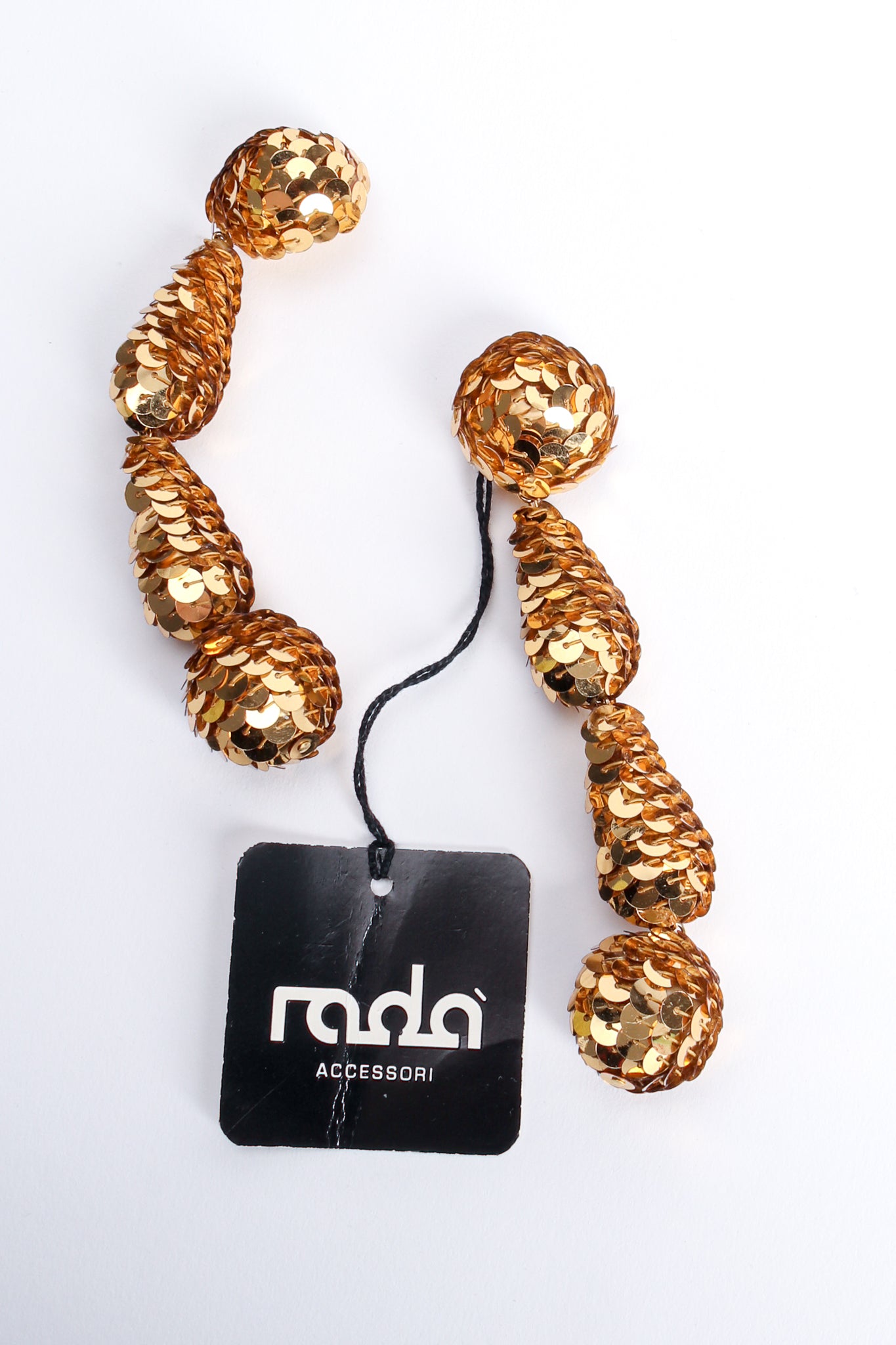 Vintage Rada Accessori XL Sequin Ball Drop Earrings hangtag at Recess Los Angeles