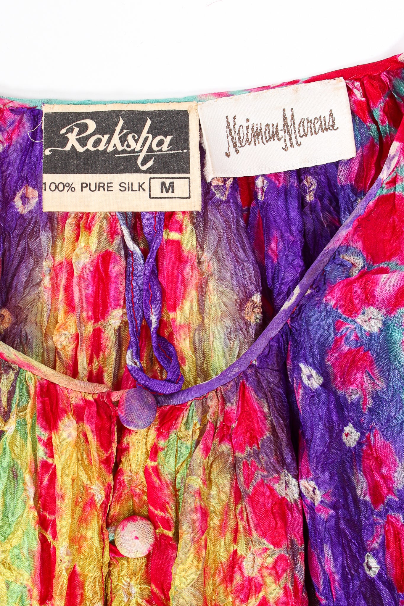 Vintage Raksha Rainbow Silk Bandhani Tie Dye Caftan label at Recess Los Angeles