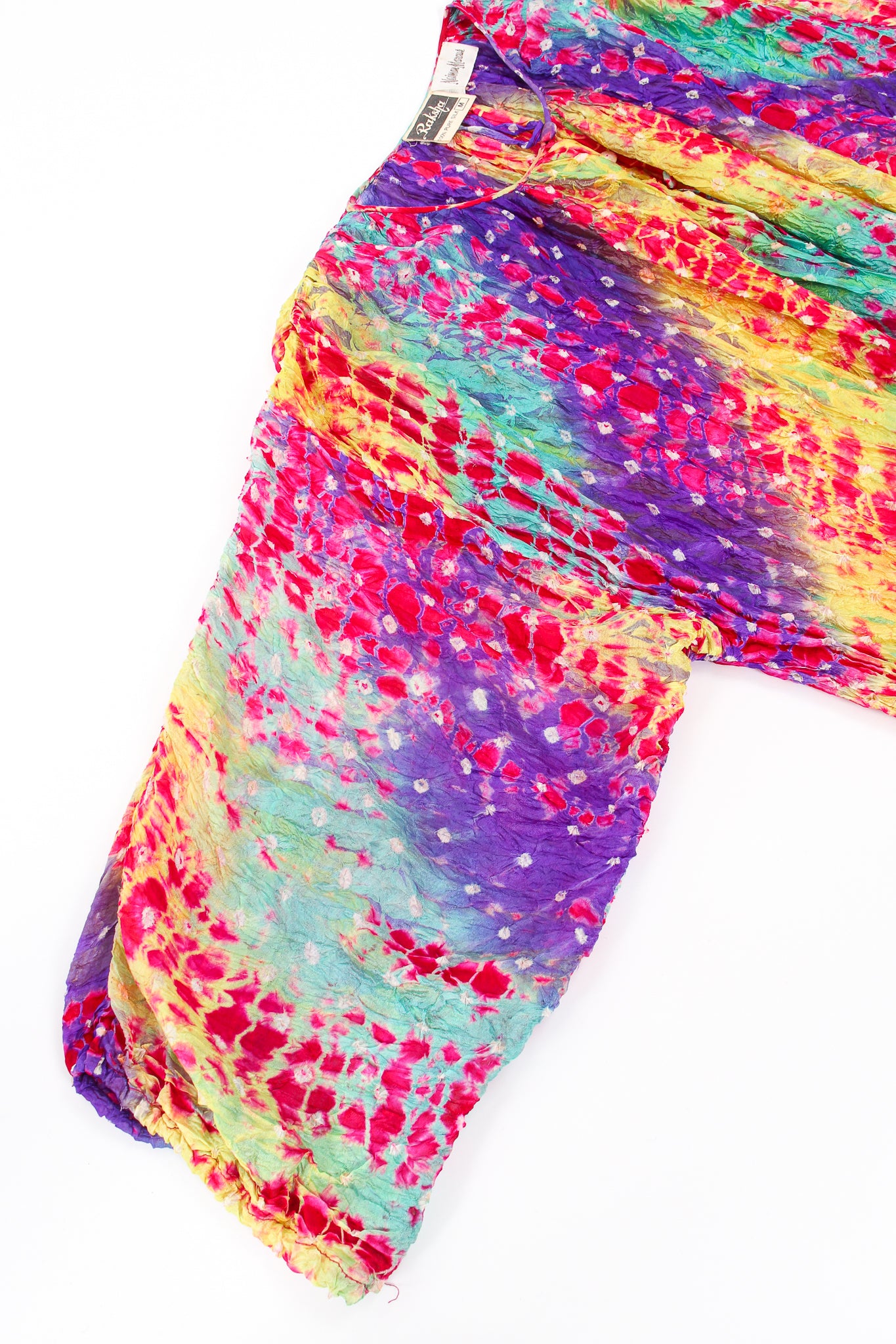 Vintage Raksha Rainbow Silk Bandhani Tie Dye Caftan sleeve at Recess Los Angeles