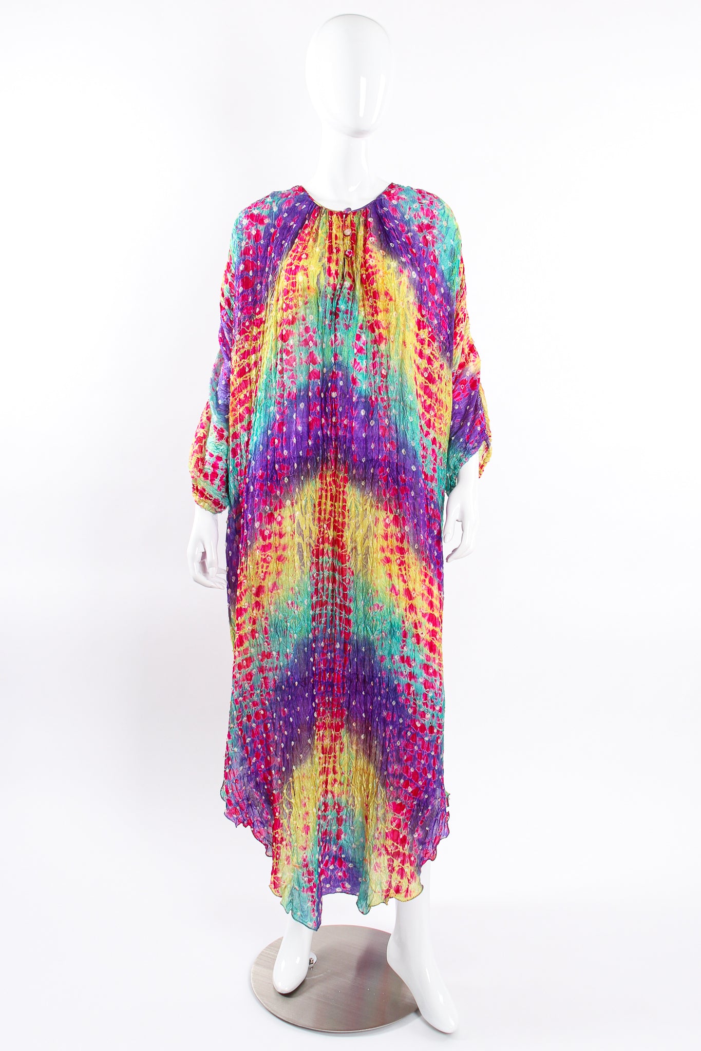 Vintage Raksha Rainbow Silk Bandhani Tie Dye Caftan on Mannequin front at Recess Los Angeles