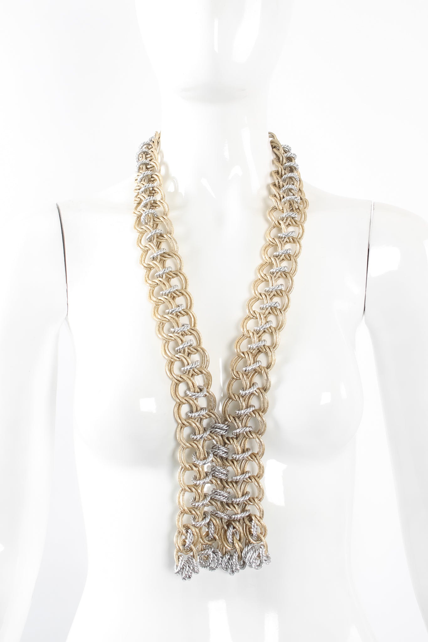 Vintage Raoul Calabro Two Tone Chain Mail Necklace Set on Mannequin front at Recess Los Angeles