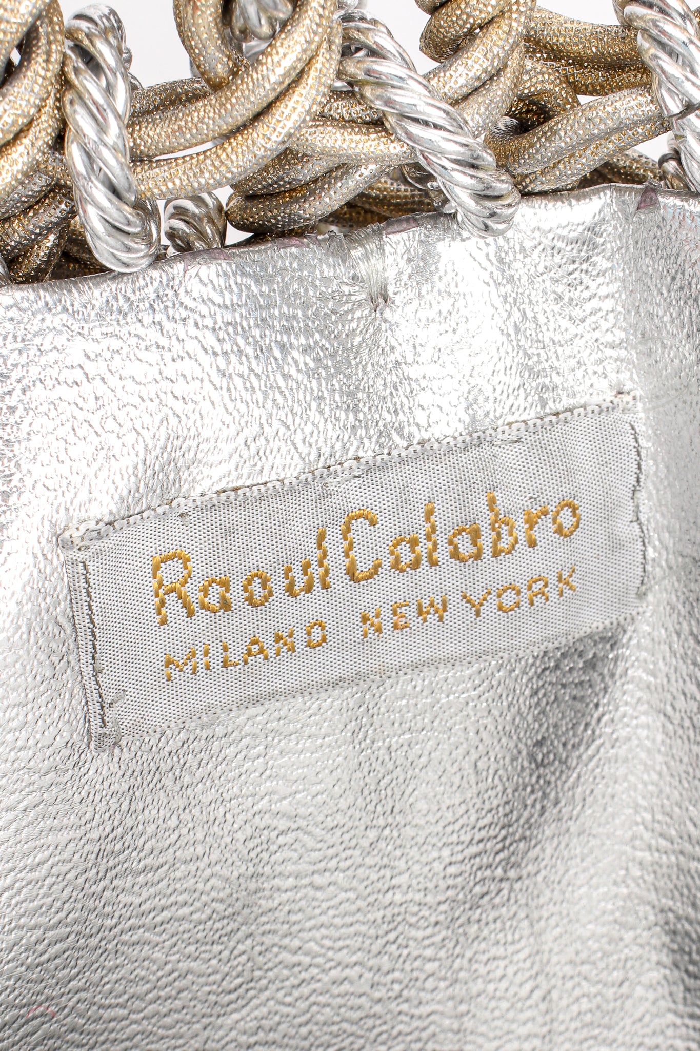 Vintage Raoul Calabro Two Tone Chain Mail Bag Set label at Recess Los Angeles