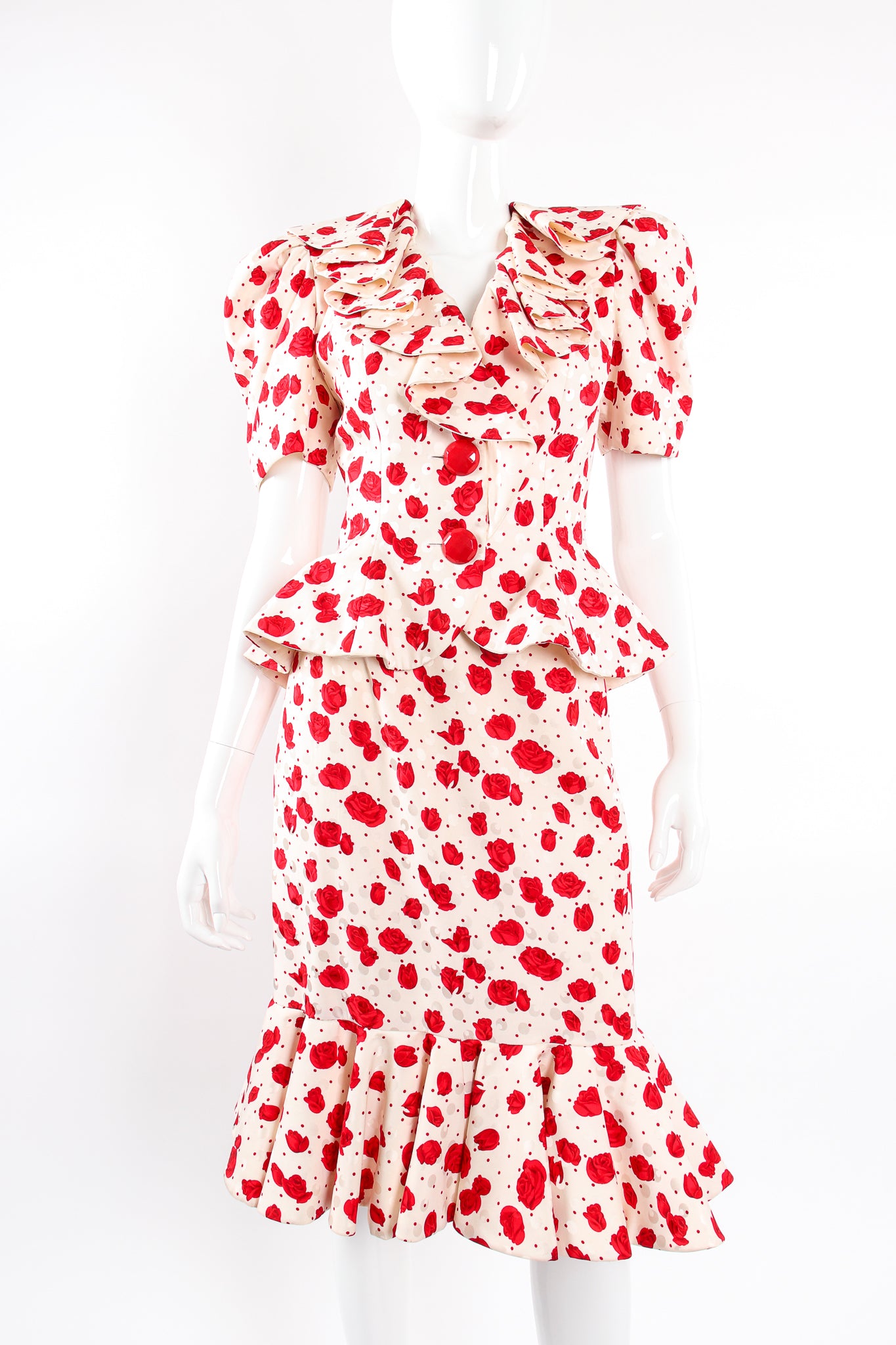 Vintage Raul Blanco Rose Print Peplum Jacket & Skirt Set on Mannequin front crop at Recess LA