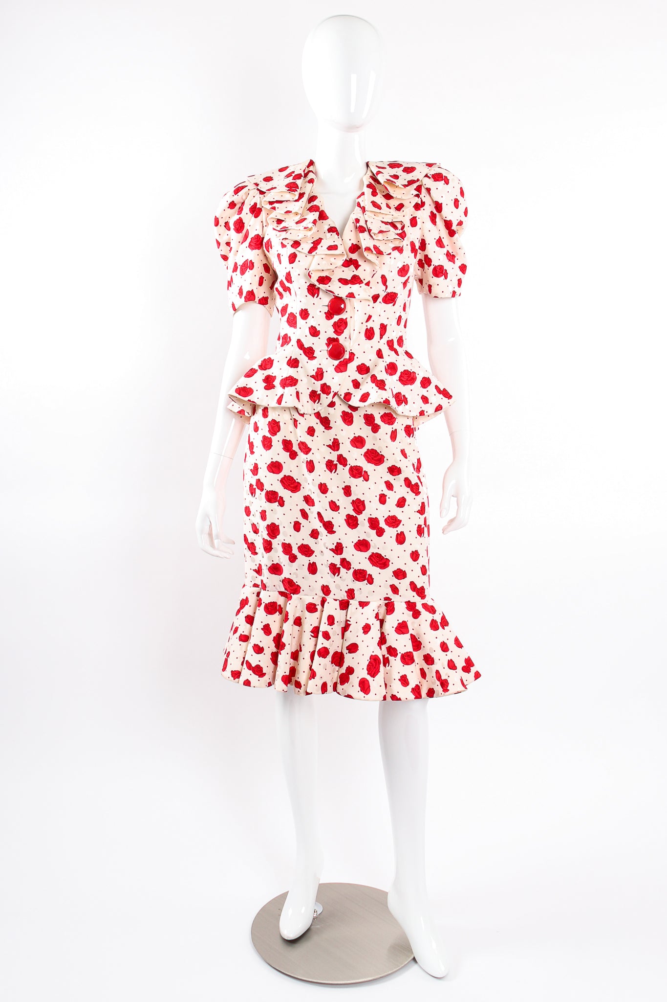 Vintage Raul Blanco Rose Print Peplum Jacket & Skirt Set on Mannequin front at Recess LA