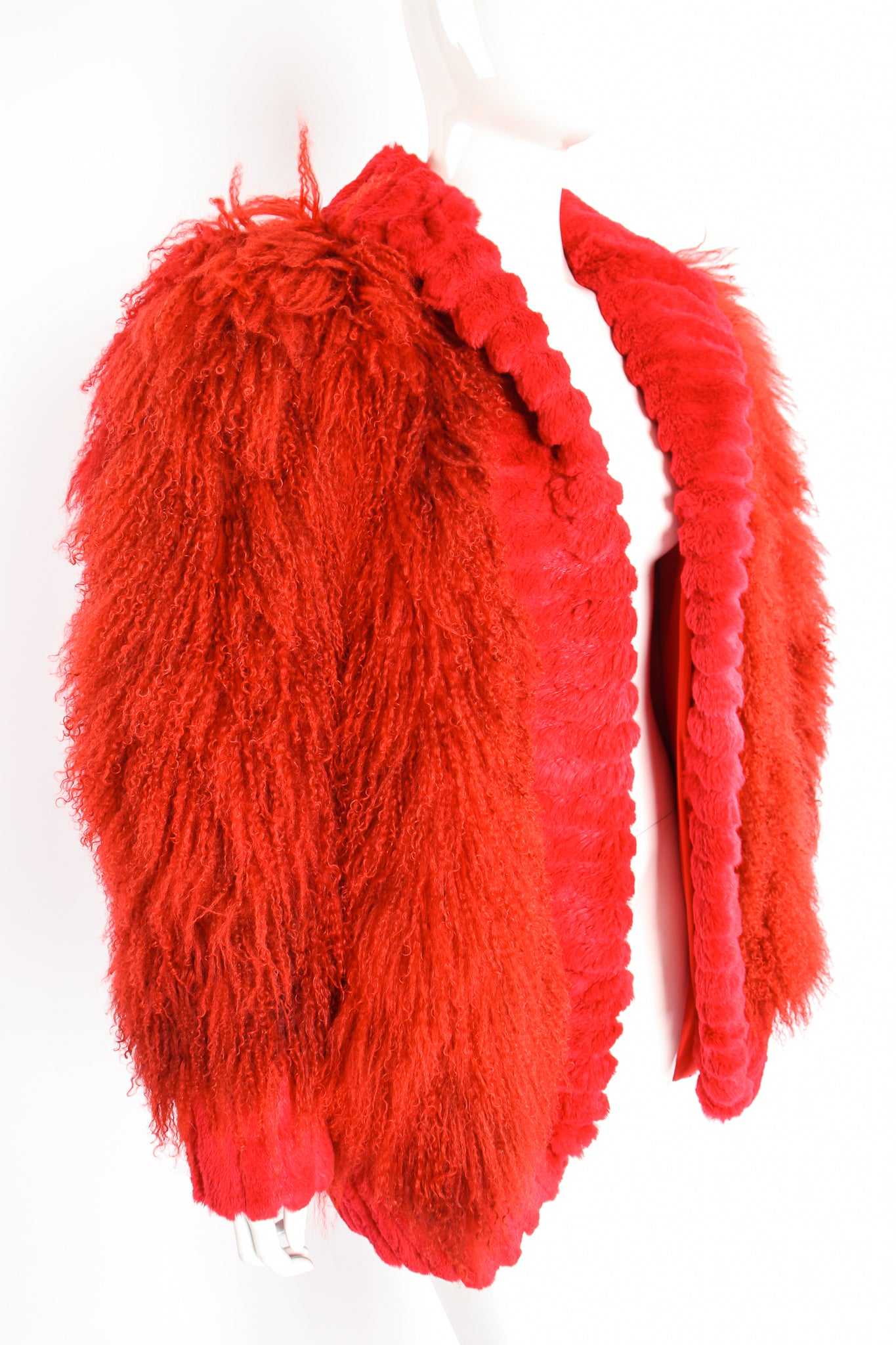 Vintage Evans Red Mongolian Fur Shawl Collar Coat on Mannequin crop at Recess Los Angeles