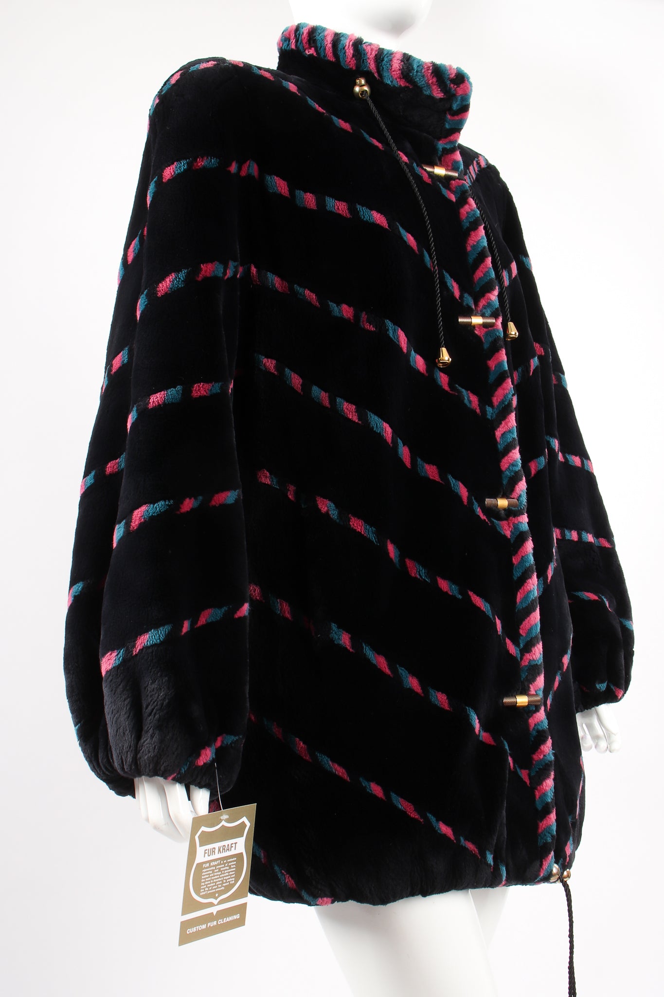 Vintage Revillon Chevron Stripe Toggle Fur Coat on Mannequin angle at Recess Los Angeles
