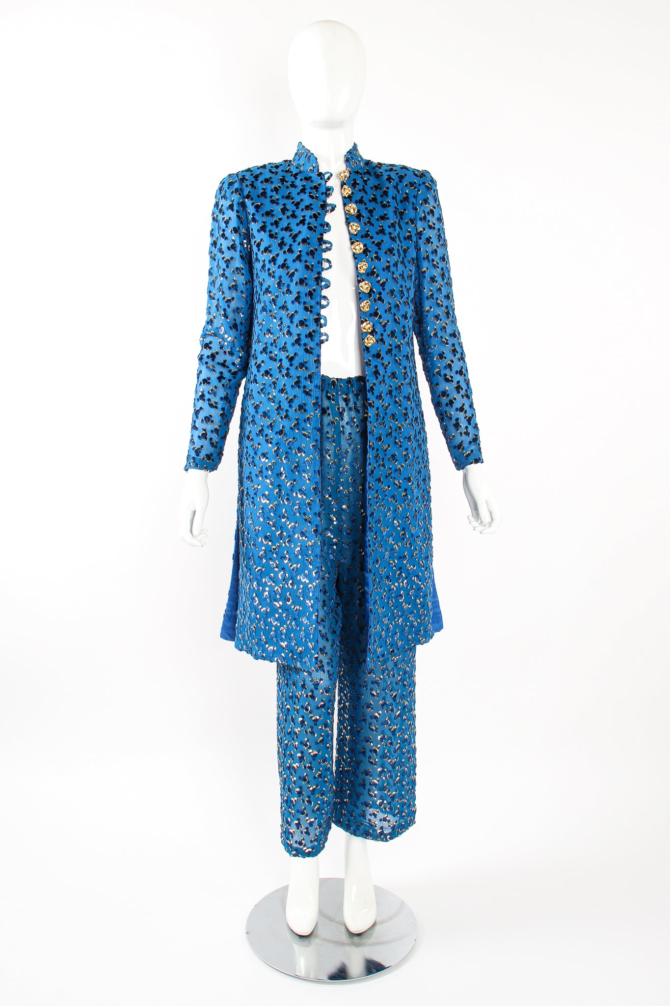 Vintage Richilene Silk Velvet Lamé Leisure Suit on Mannequin Open at Recess Los Angeles