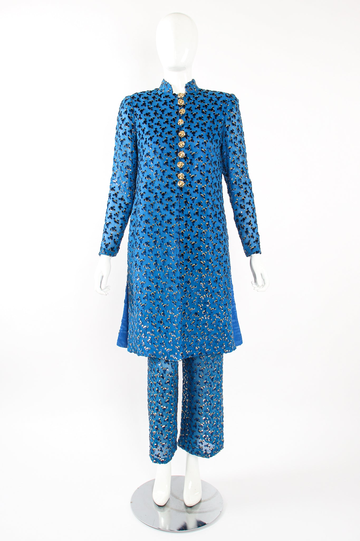 Vintage Richilene Silk Velvet Lamé Leisure Suit on Mannequin Front at Recess Los Angeles