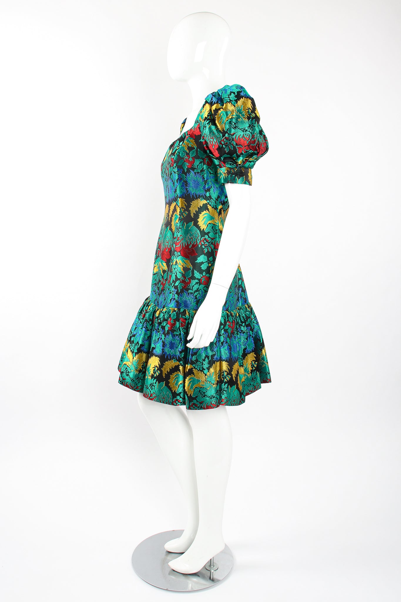 Vintage Richilene Puff Sleeve Brocade Dress on Mannequin side at Recess Los Angeles