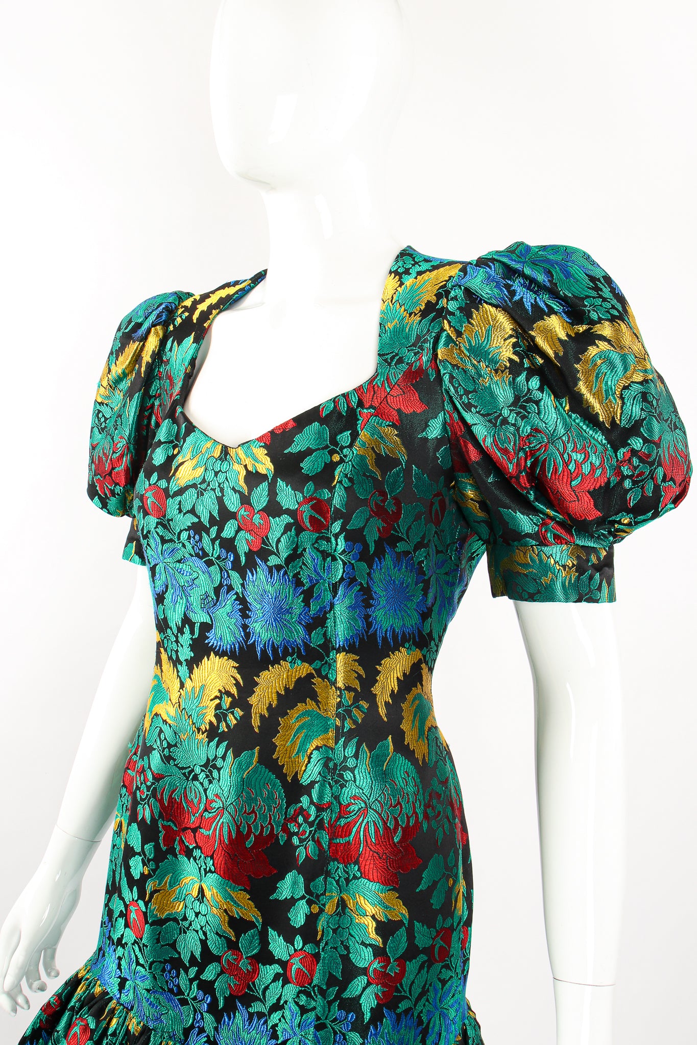 Vintage Richilene Puff Sleeve Brocade Dress on Mannequin bust at Recess Los Angeles