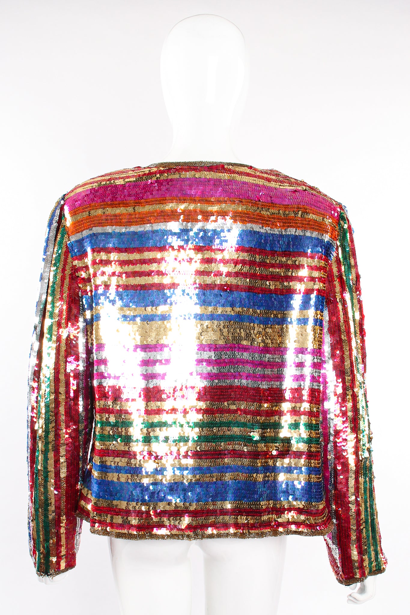 Vintage Rina Z Rainbow Stripe Sequin Jacket on Mannequin back at Recess Los Angeles