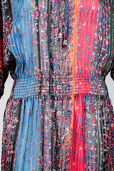 Vintage Robert Janan Floral Stripe Chiffon Dress on Mannequin elastic waist shirring at Recess