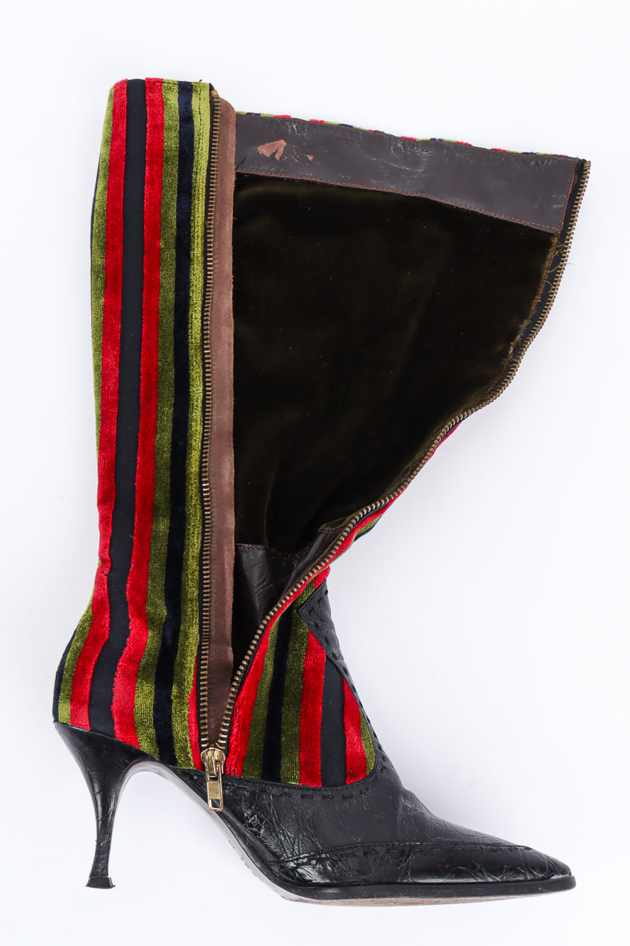 Vintage Roberta Di Camerino Stripe Velvet & Leather Heel Boot unzipped/leather mark  @ Recess LA