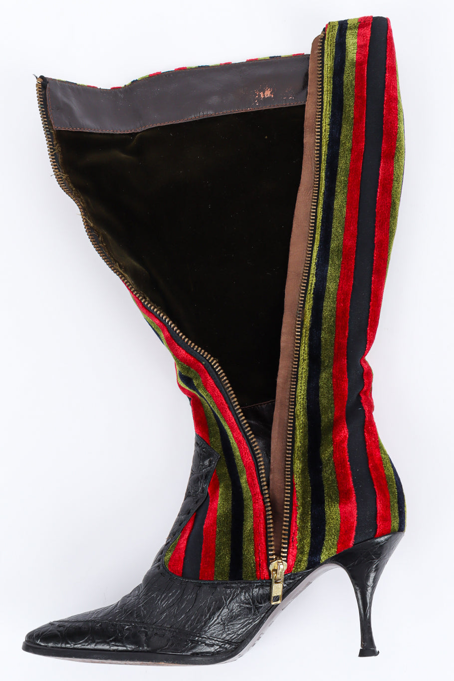 Vintage Roberta Di Camerino Stripe Velvet & Leather Heel Boot unzipped/leather mark @ Recess LA