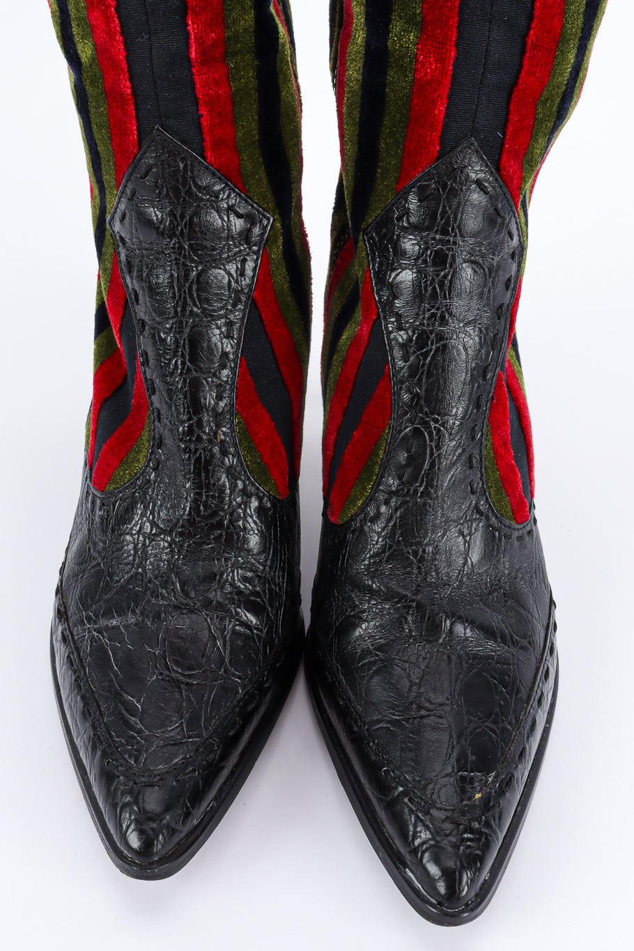Vintage Roberta Di Camerino Stripe Velvet & Leather Heel Boot embossed leather front @ Recess LA