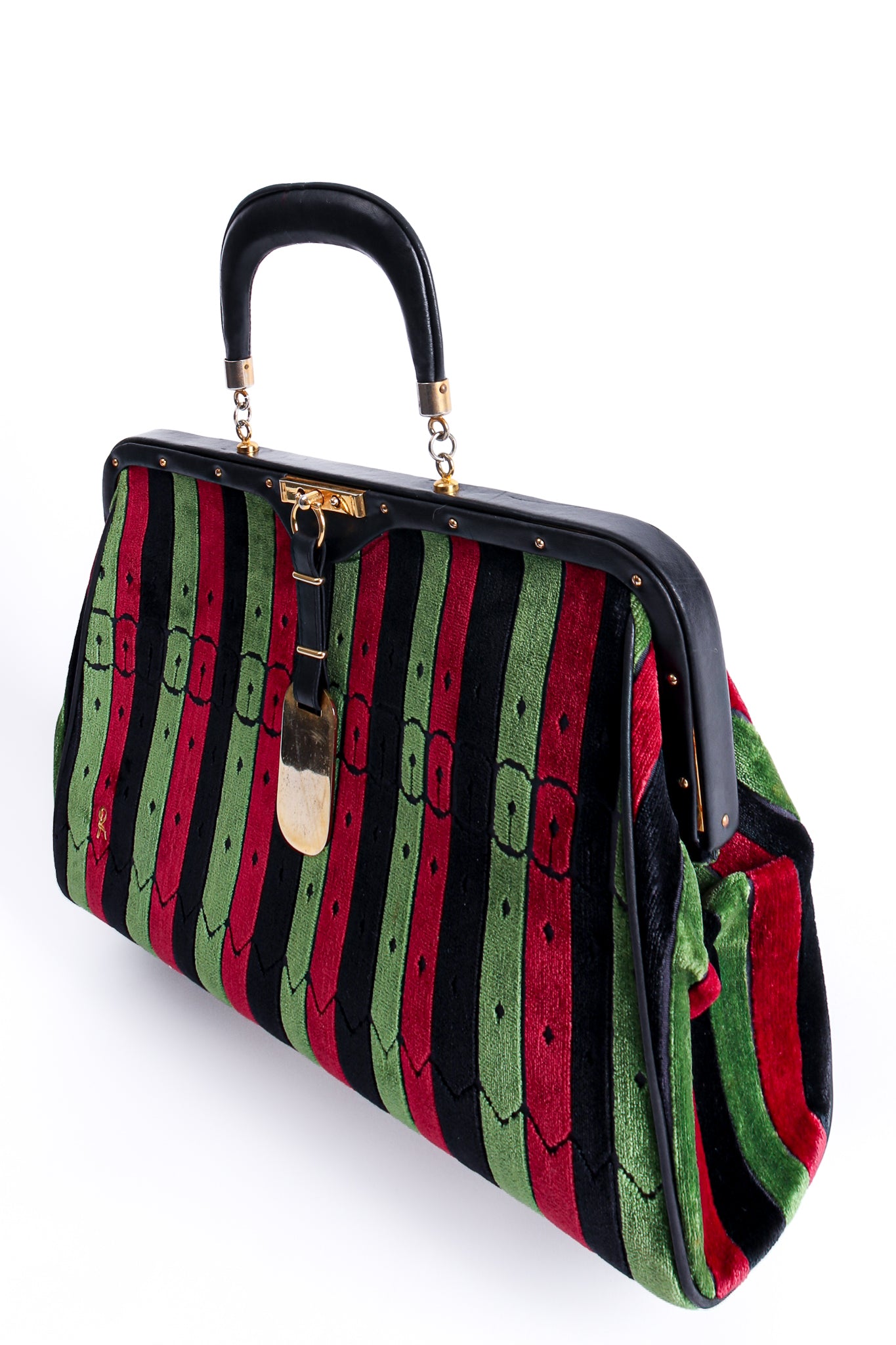 Vintage Roberta di Camerino Velvet Striped Buckle Oversized Bag Angle at Recess LA