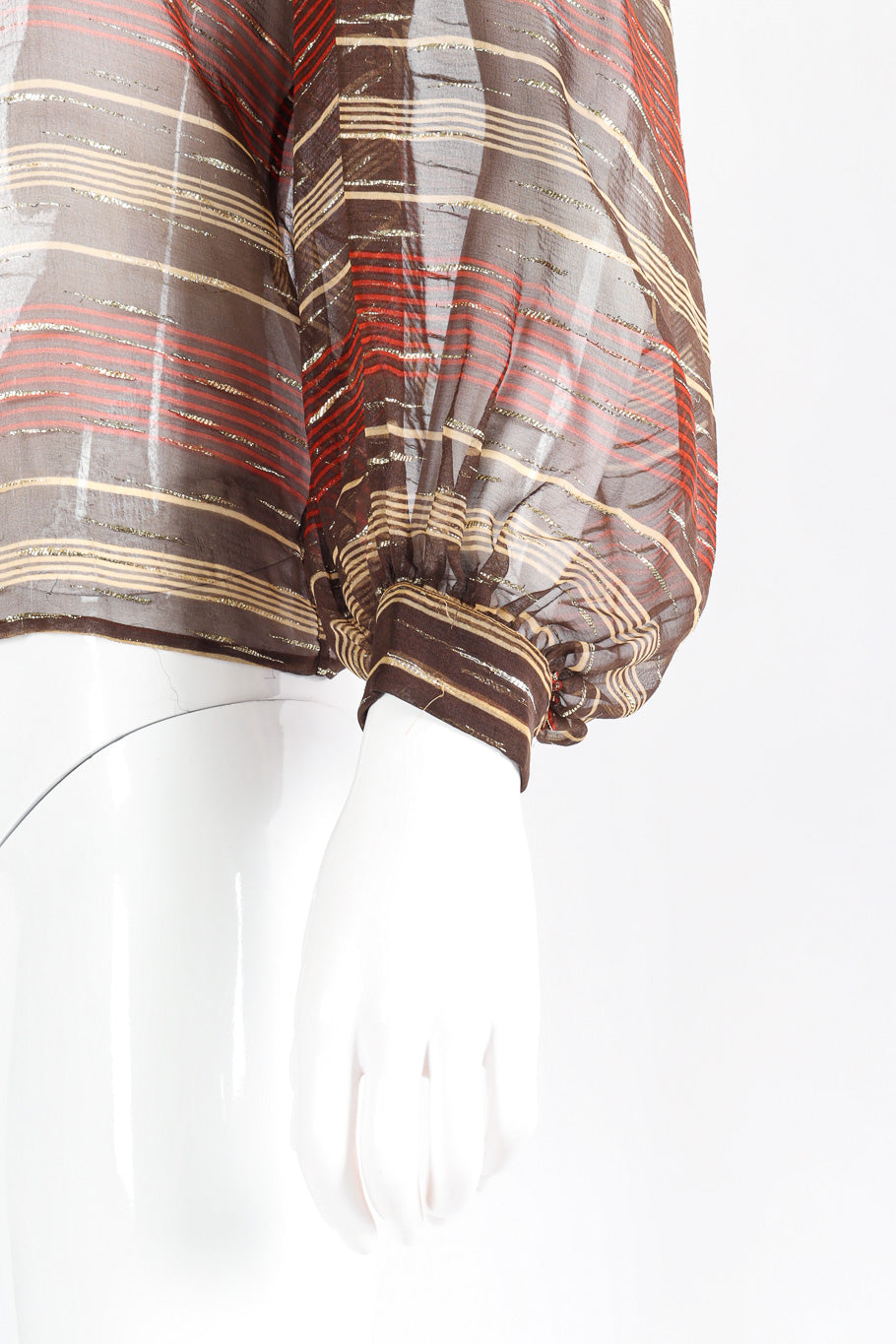 Airy fine lamé striped silk chiffon peasant blouse by Saint Laurent cuff close on mannequin @recessla