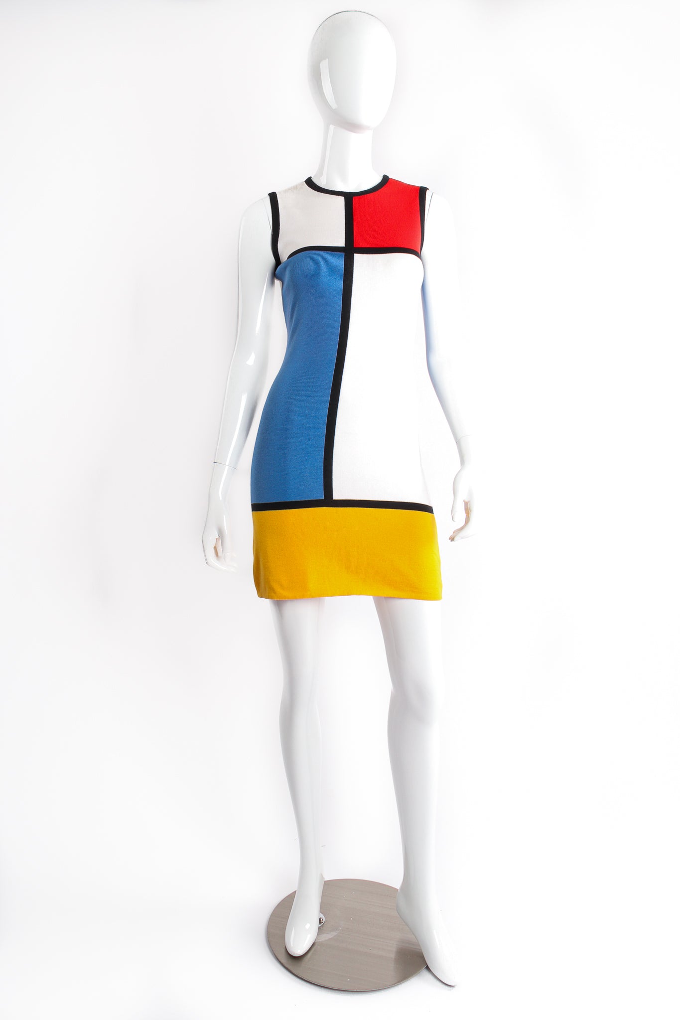 Vintage Yves Saint Laurent Iconic Mondrian Knit Sheath Dress on Mannequin front at Recess Los Angeles