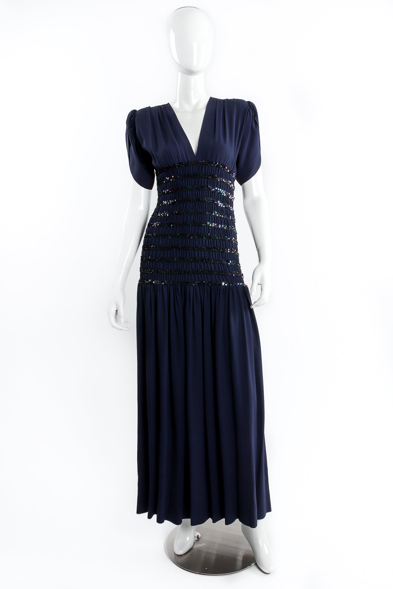 Vintage Yves Saint Laurent YSL Gathered Drop Waist Film Noir Gown on mannequin front at Recess LA