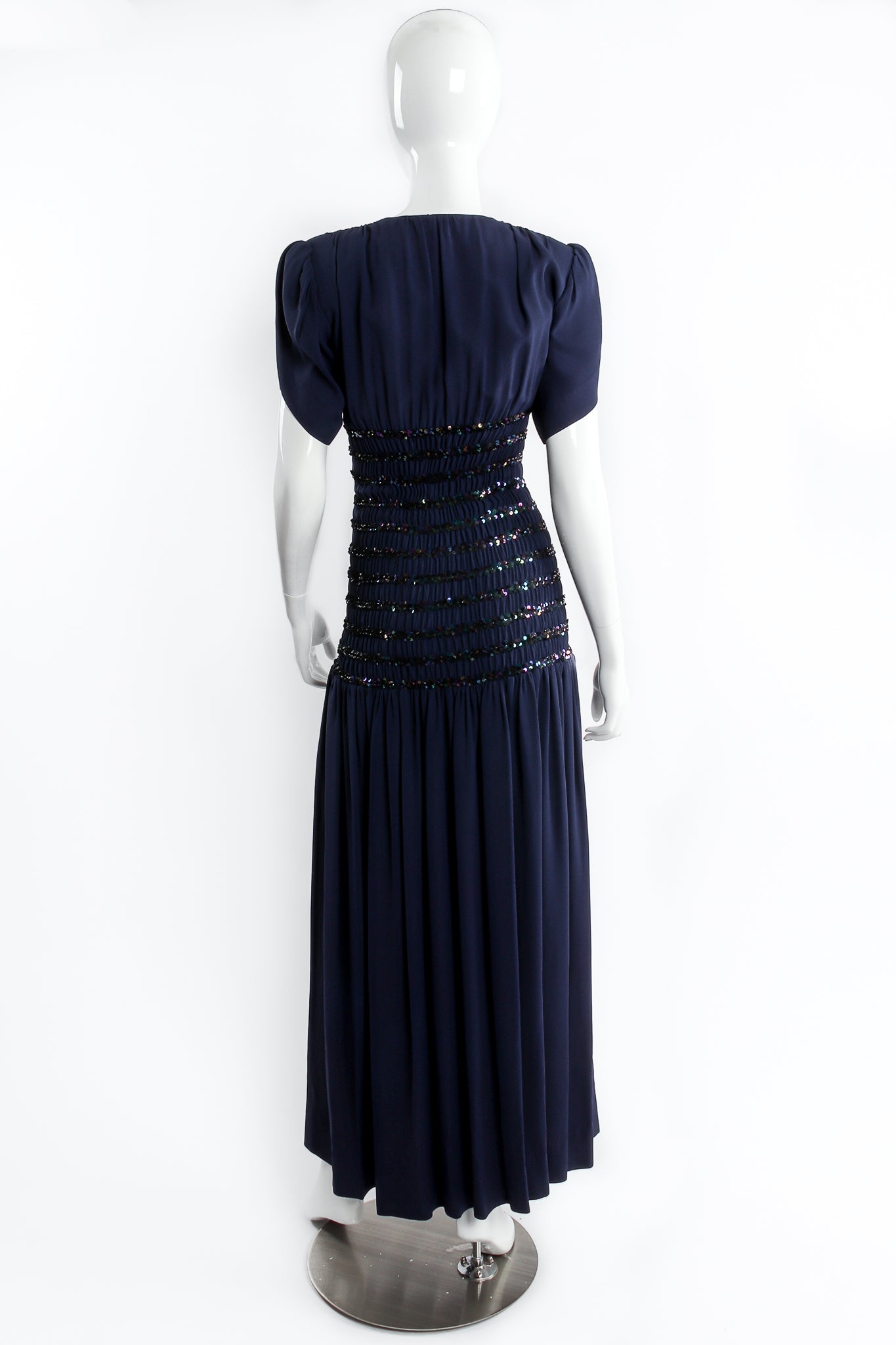 Vintage Yves Saint Laurent YSL Gathered Drop Waist Film Noir Gown on mannequin back at Recess LA