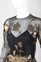 Recess Los Angeles Vintage Saks-Jandel Sheer Chiffon Gold Lamé Blossom Draped Dress