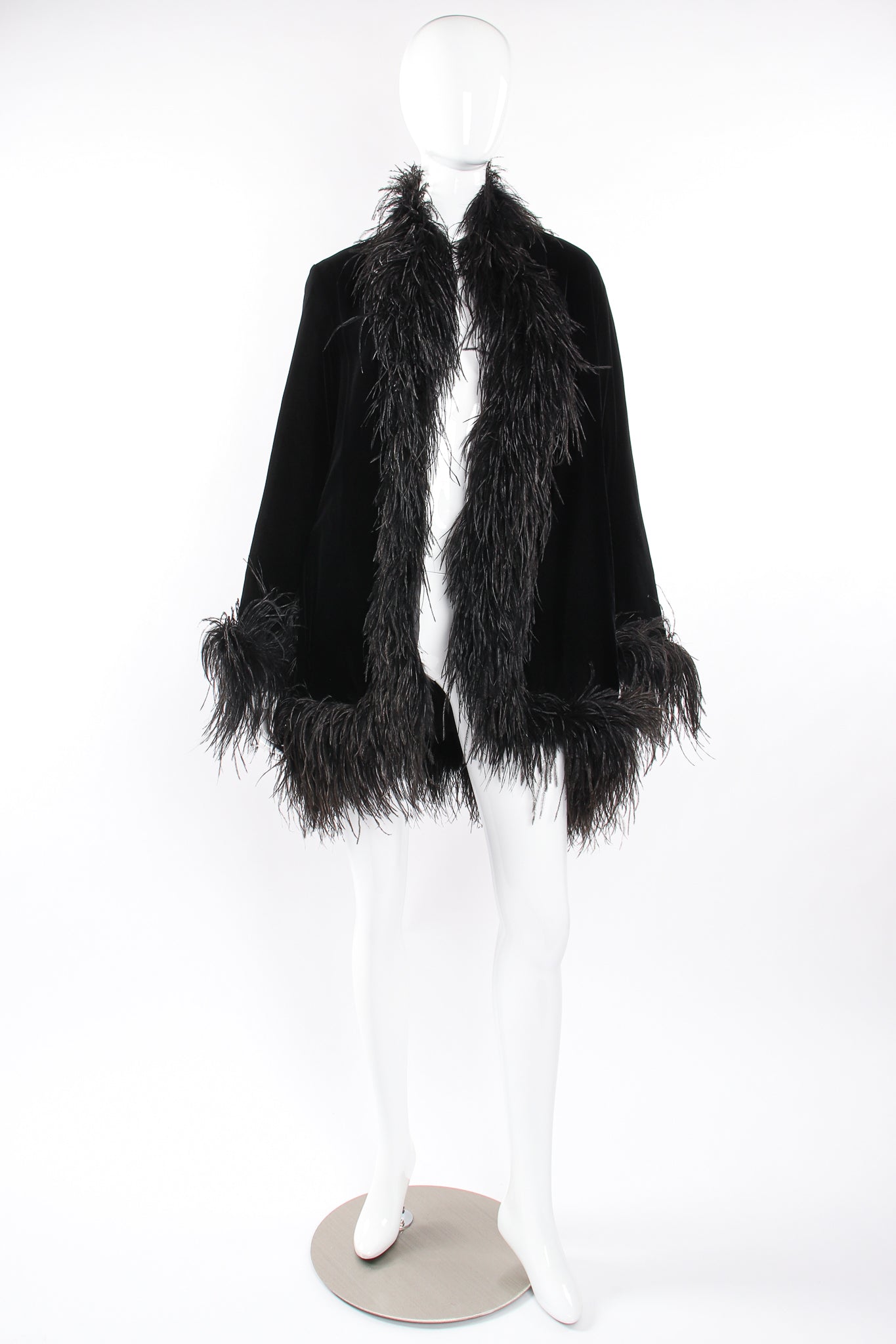 Vintage Saks Fifth Ave Velvet Ostrich Feather Swing Coat on Mannequin front at Recess LA