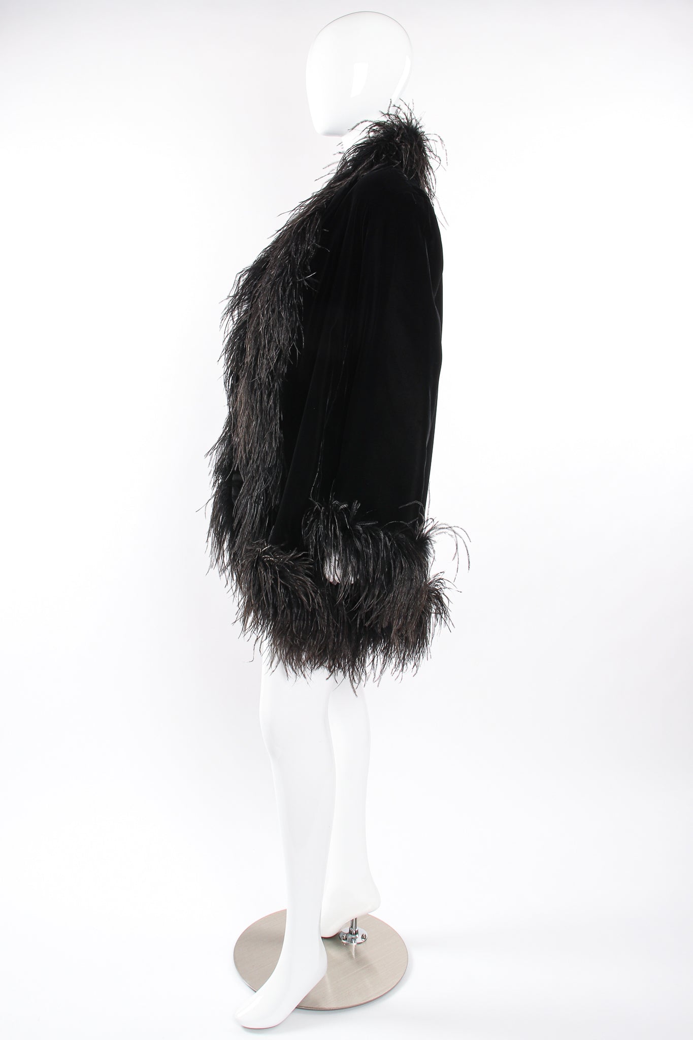 Vintage Saks Fifth Ave Velvet Ostrich Feather Swing Coat on Mannequin side at Recess LA