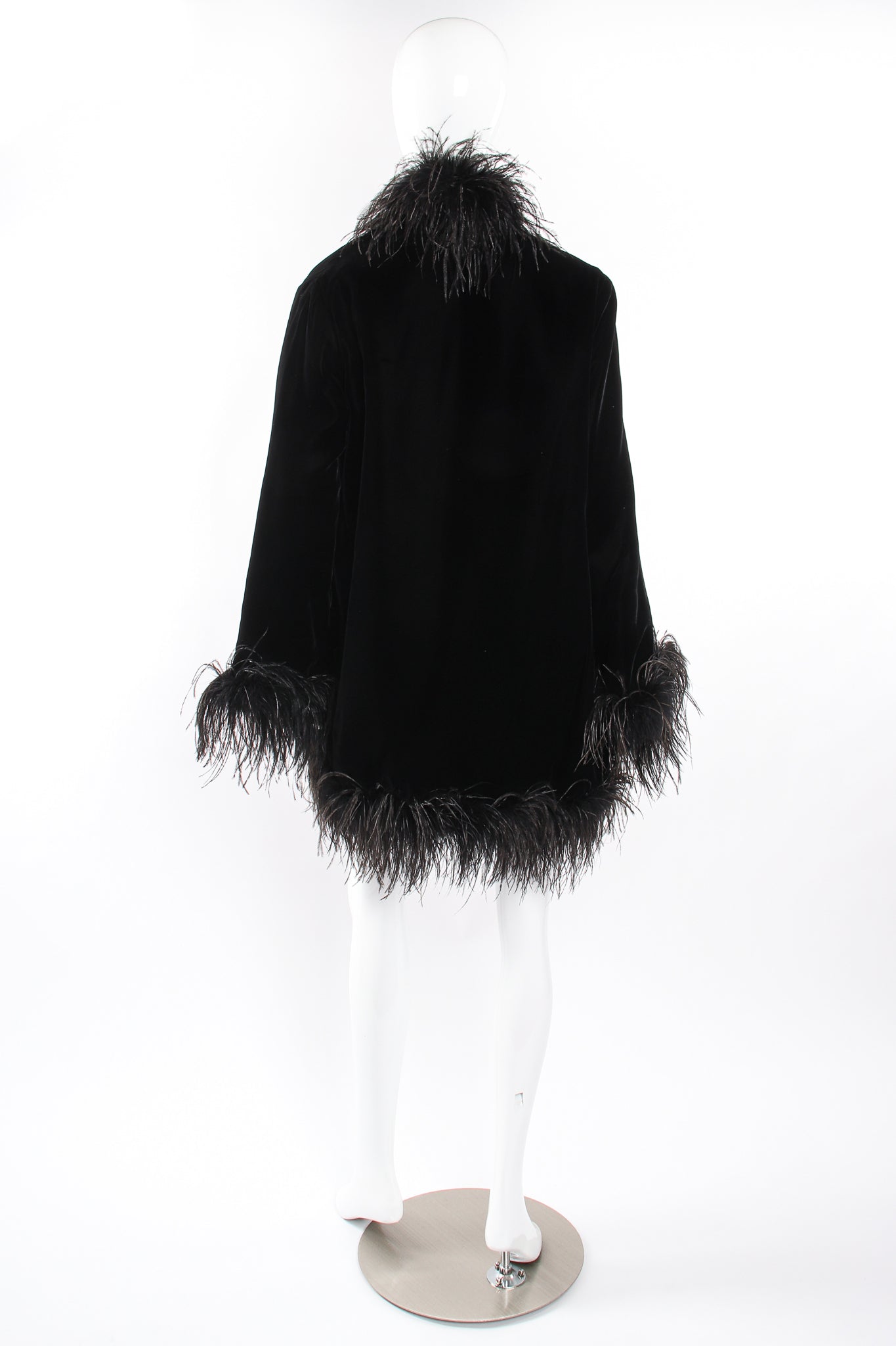 Vintage Saks Fifth Ave Velvet Ostrich Feather Swing Coat on Mannequin back at Recess LA
