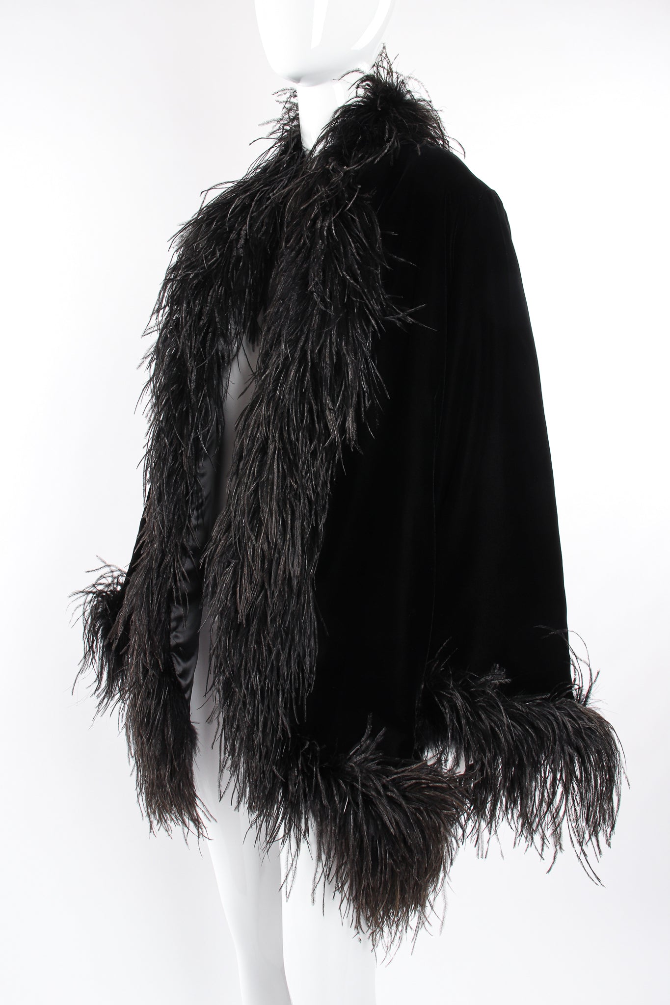 Vintage Saks Fifth Ave Velvet Ostrich Feather Swing Coat on Mannequin crop at Recess LA