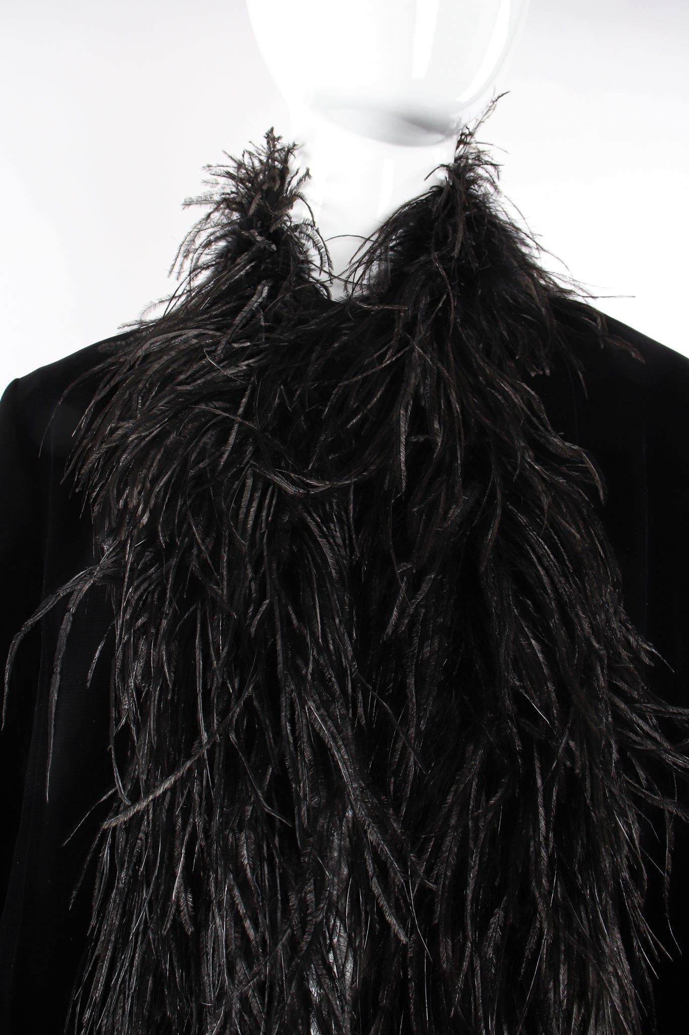 Vintage Saks Fifth Ave Velvet Ostrich Feather Swing Coat on Mannequin shawl collar at Recess LA