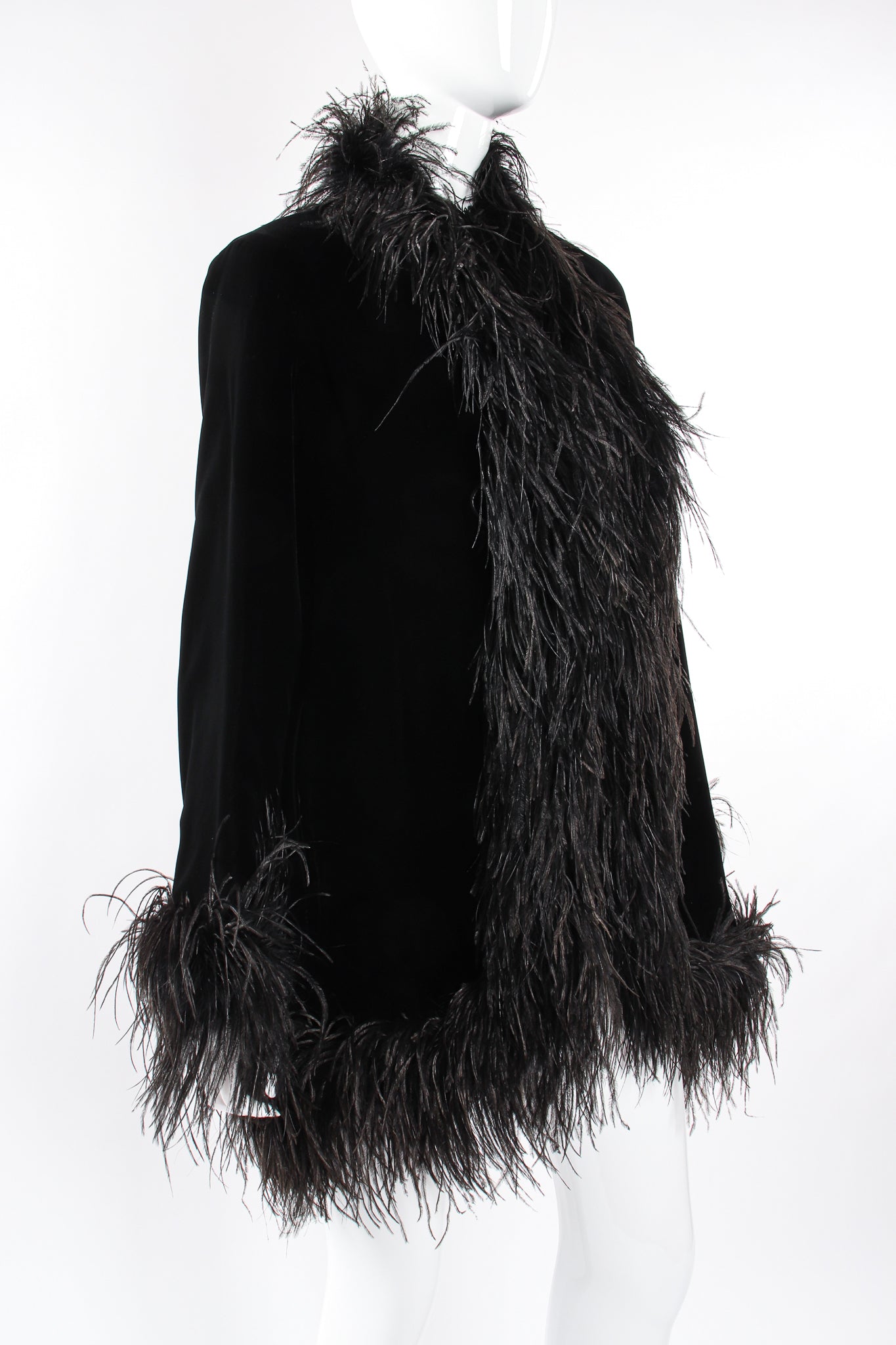Vintage Saks Fifth Ave Velvet Ostrich Feather Swing Coat on Mannequin angle at Recess LA