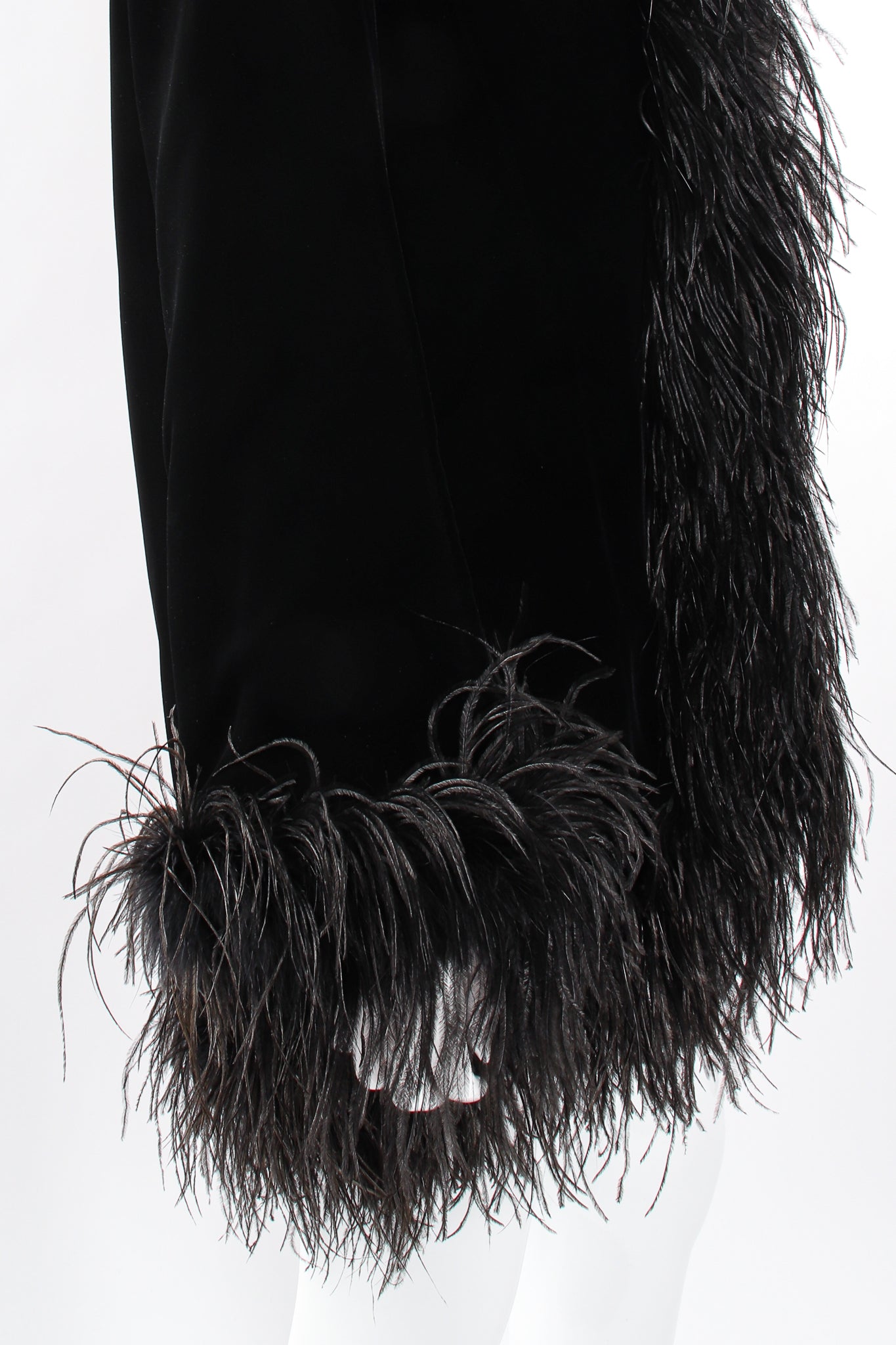 Vintage Saks Fifth Ave Velvet Ostrich Feather Swing Coat on Mannequin sleeve at Recess LA
