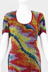 Recess Los Angeles Vintage Saks Fifth Ave Electric Rainbow Ziggy Stardust Sand Art Beaded Cocktail Dress
