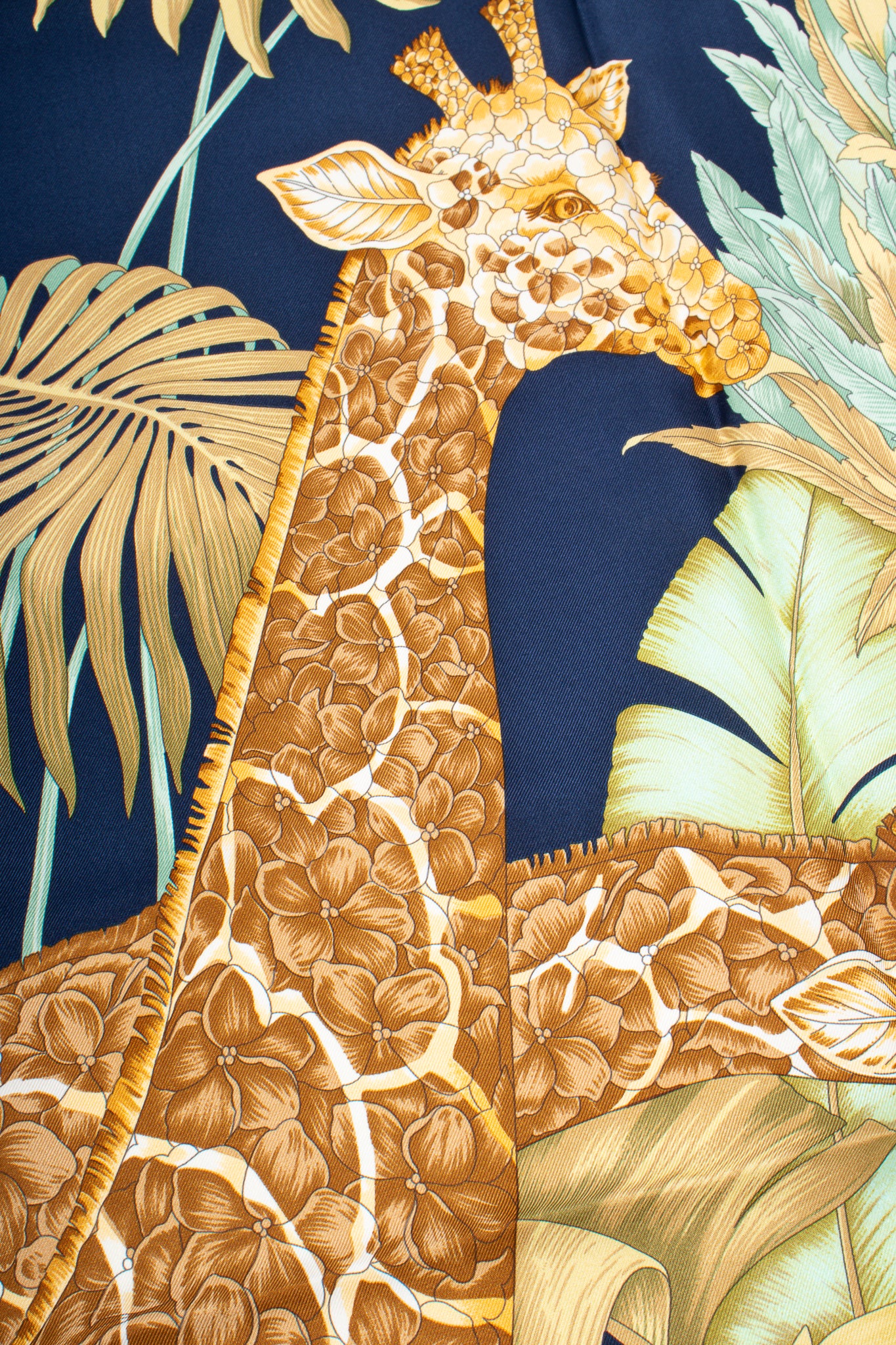 Vintage Salvatore Ferragamo Blossom Giraffe Jungle Scarf detail at Recess Los Angeles