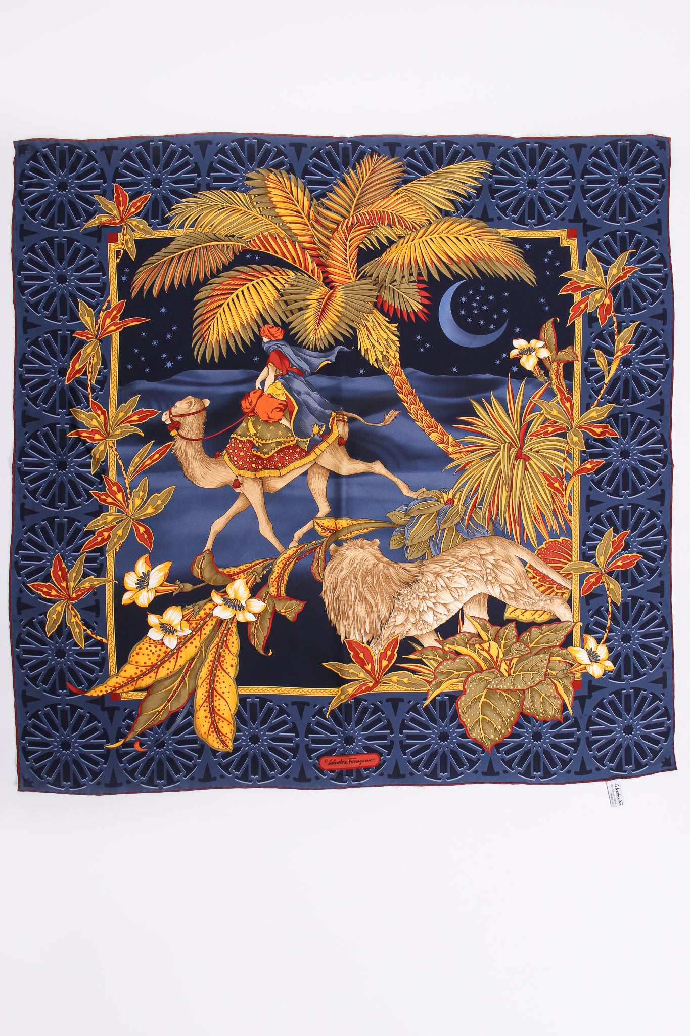 Vintage Salvatore Ferragamo Thousand And One Nights Silk Scarf flat at Recess Los Angeles