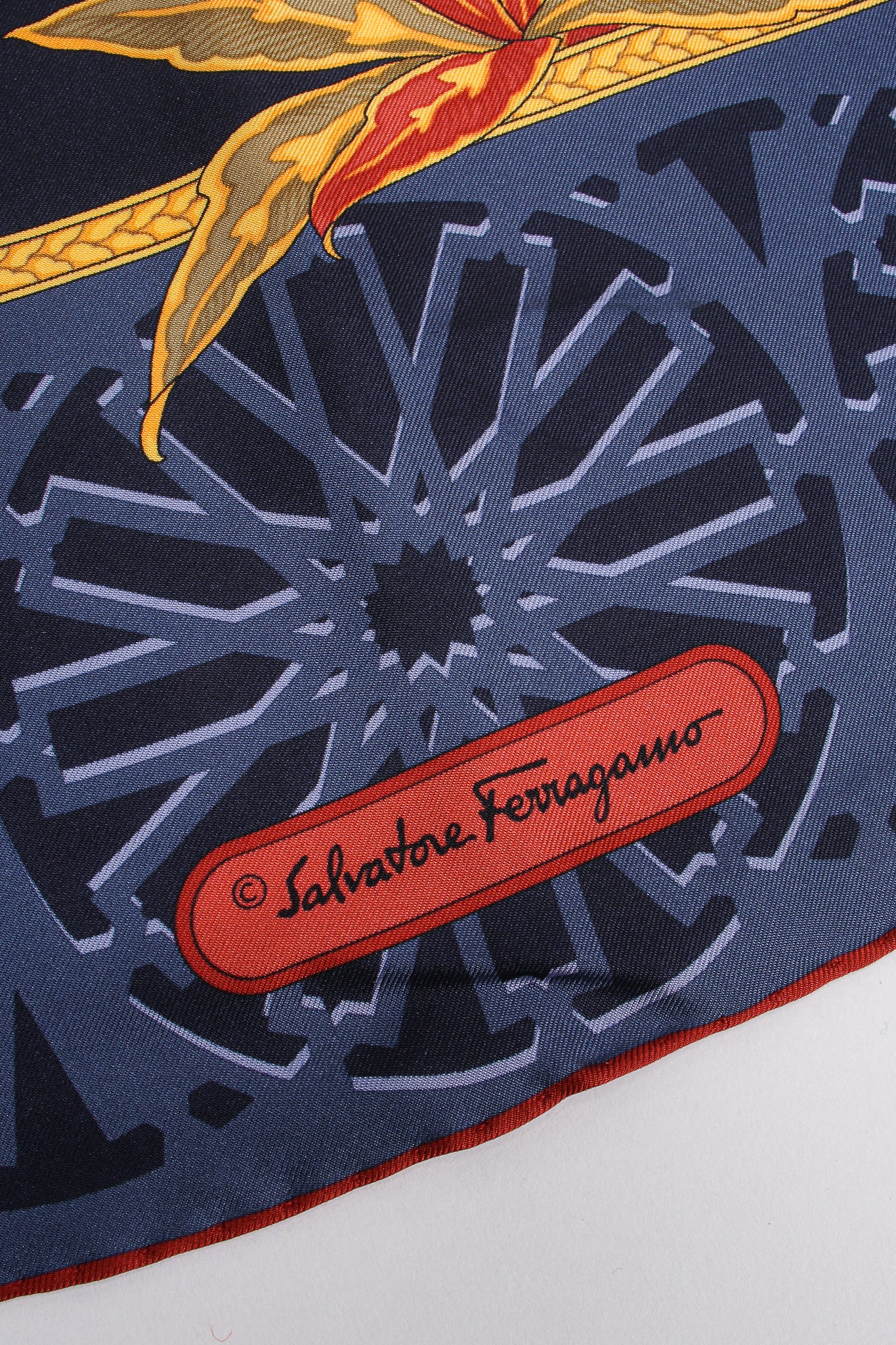 Vintage Salvatore Ferragamo Thousand And One Nights Silk Scarf detail at Recess Los Angeles