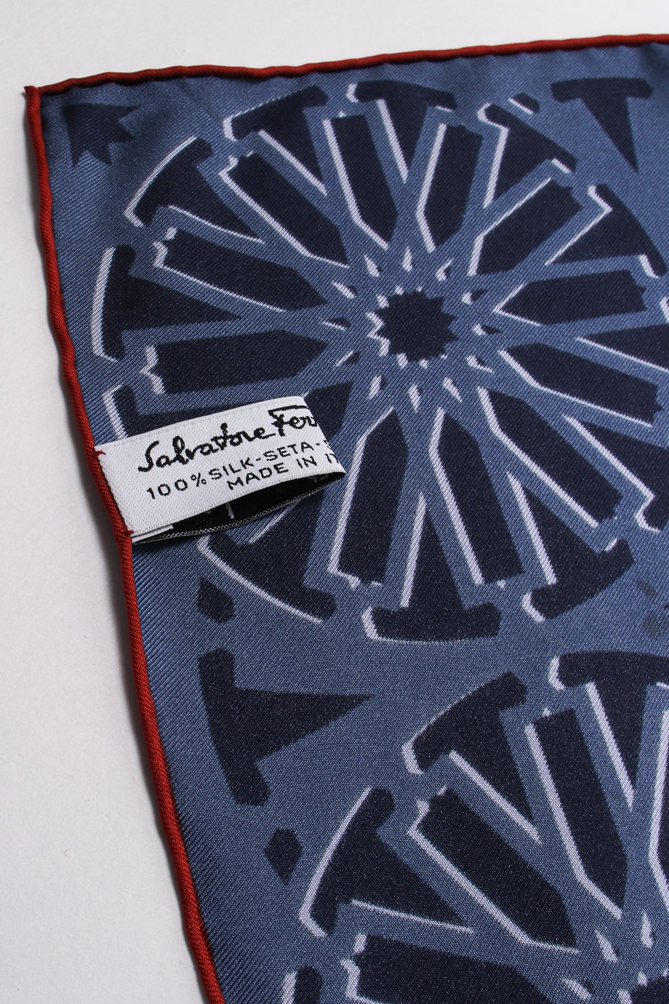 Vintage Salvatore Ferragamo Thousand And One Nights Silk Scarf label at Recess Los Angeles