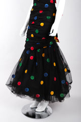 Recess Los Angeles Vintage Scaasi Boutique Polka Dot Bows Strapless Black Dress Velvet Multicolored Dots Trumpet Silhouette