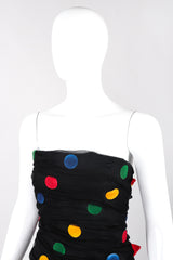 Recess Los Angeles Vintage Scaasi Boutique Polka Dot Bows Strapless Black Dress Velvet Multicolored Dots Trumpet Silhouette