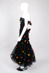 Recess Los Angeles Vintage Scaasi Boutique Polka Dot Bows Strapless Black Dress Velvet Multicolored Dots Trumpet Silhouette