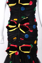 Recess Los Angeles Vintage Scaasi Boutique Polka Dot Bows Strapless Black Dress Velvet Multicolored Dots Trumpet Silhouette