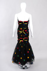 Recess Los Angeles Vintage Scaasi Boutique Polka Dot Bows Strapless Black Dress Velvet Multicolored Dots Trumpet Silhouette