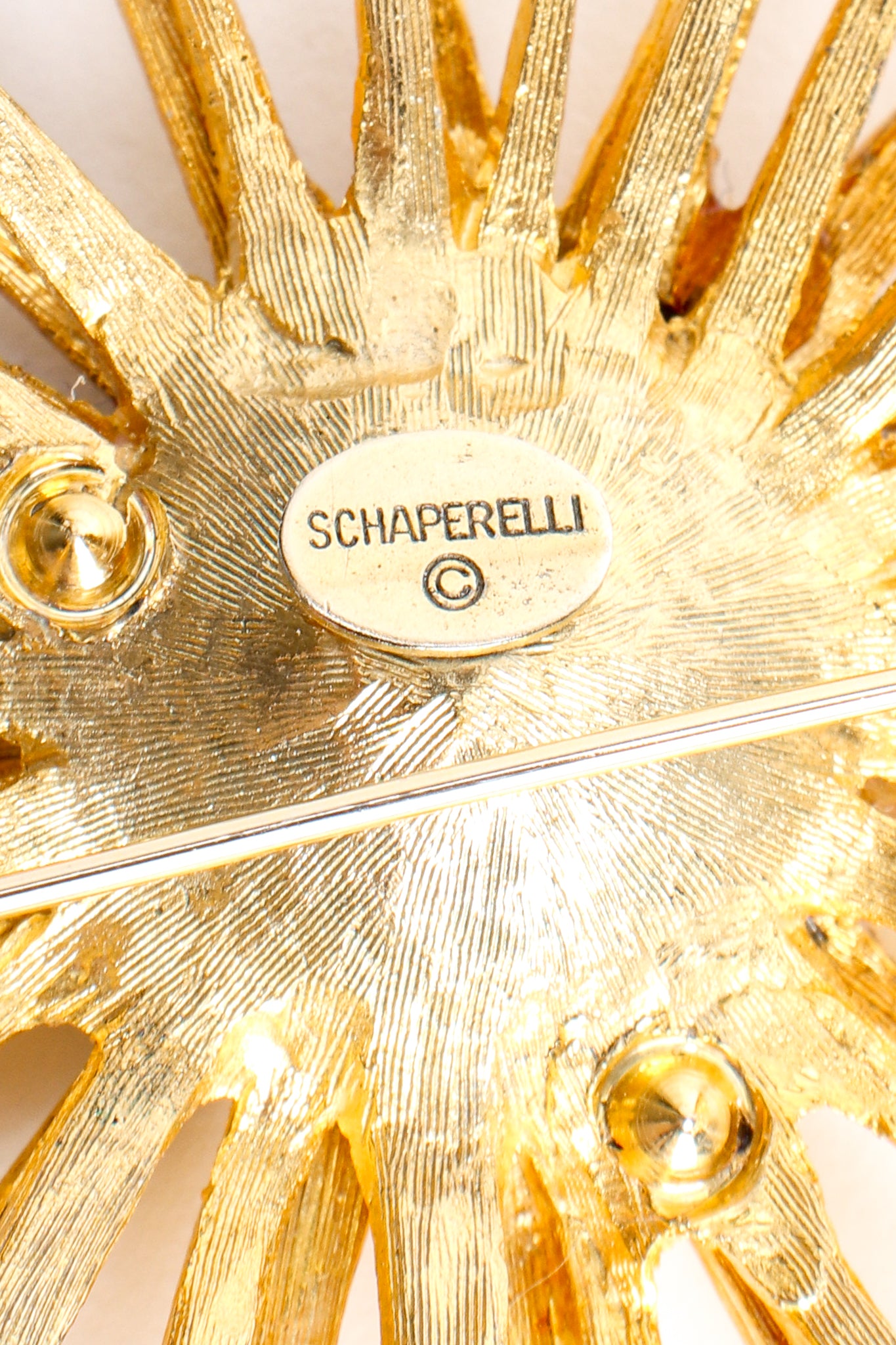 Vintage Schiaparelli Schaperelli Reproduction Burst Brooch signature cartouche at Recess Los Angeles