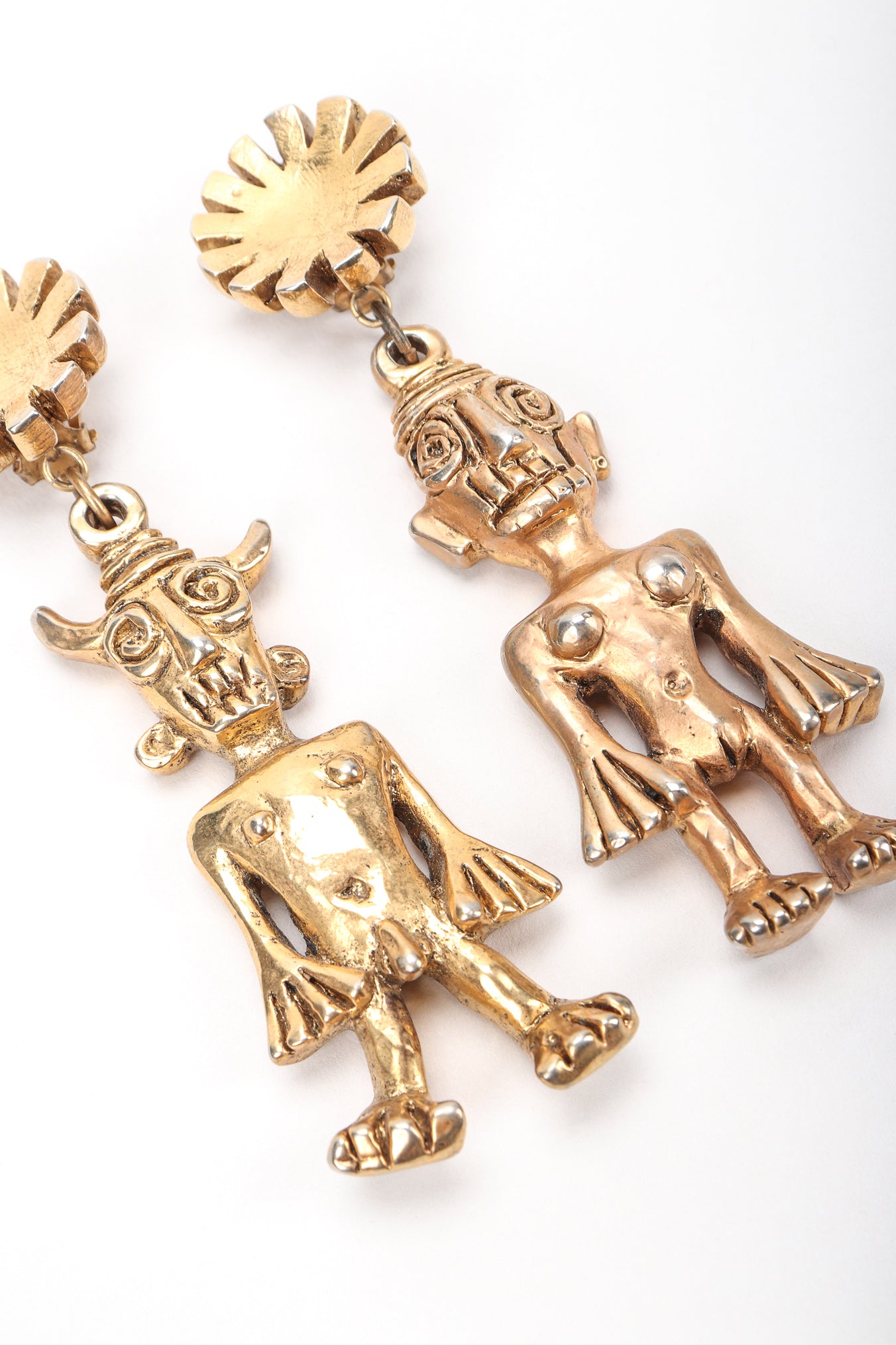 Recess Vintage Scooter Gold Mayan Incan Aztec Style Figurine Earrings on White Background