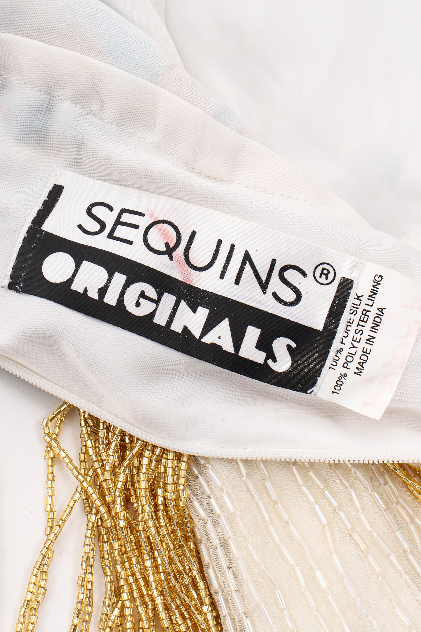 Vintage Sequins Originals Beaded Grecian Fringe Gown flat label at Recess Los Angeles