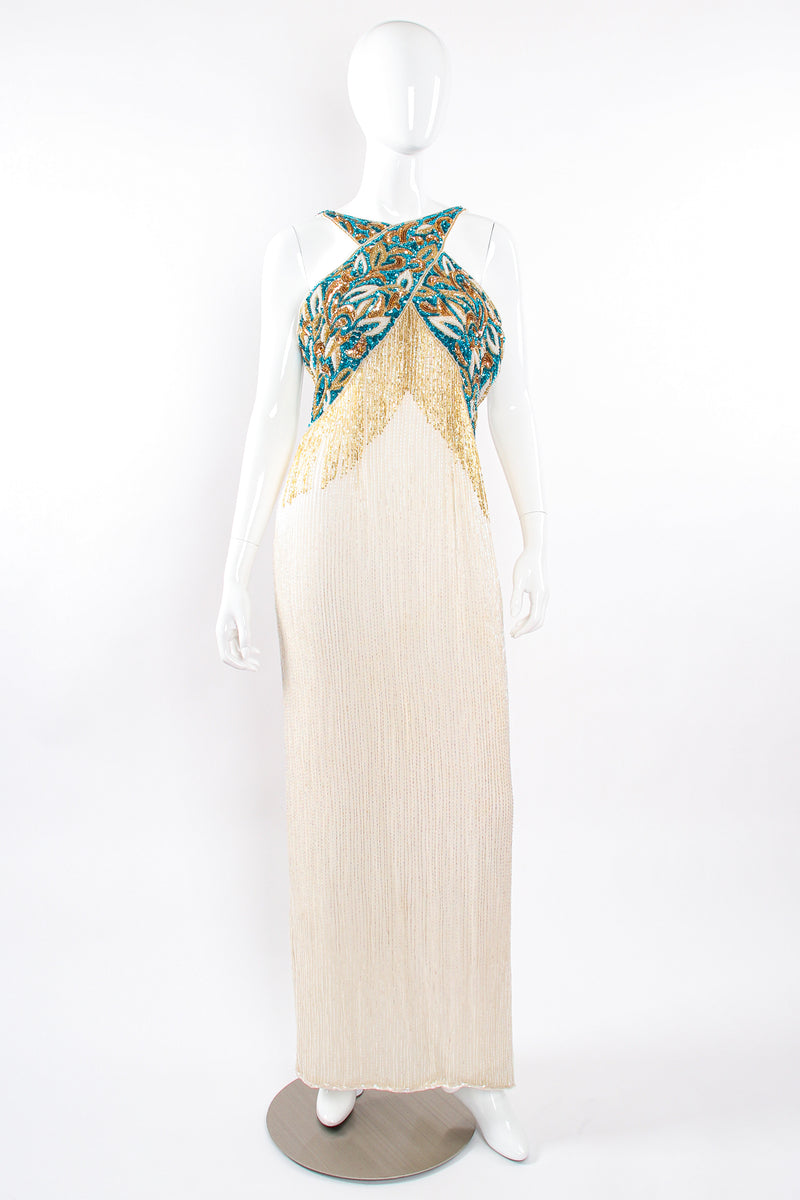 Vintage Sequins Originals Beaded Grecian Fringe Gown on Mannequin front at Recess Los Angeles