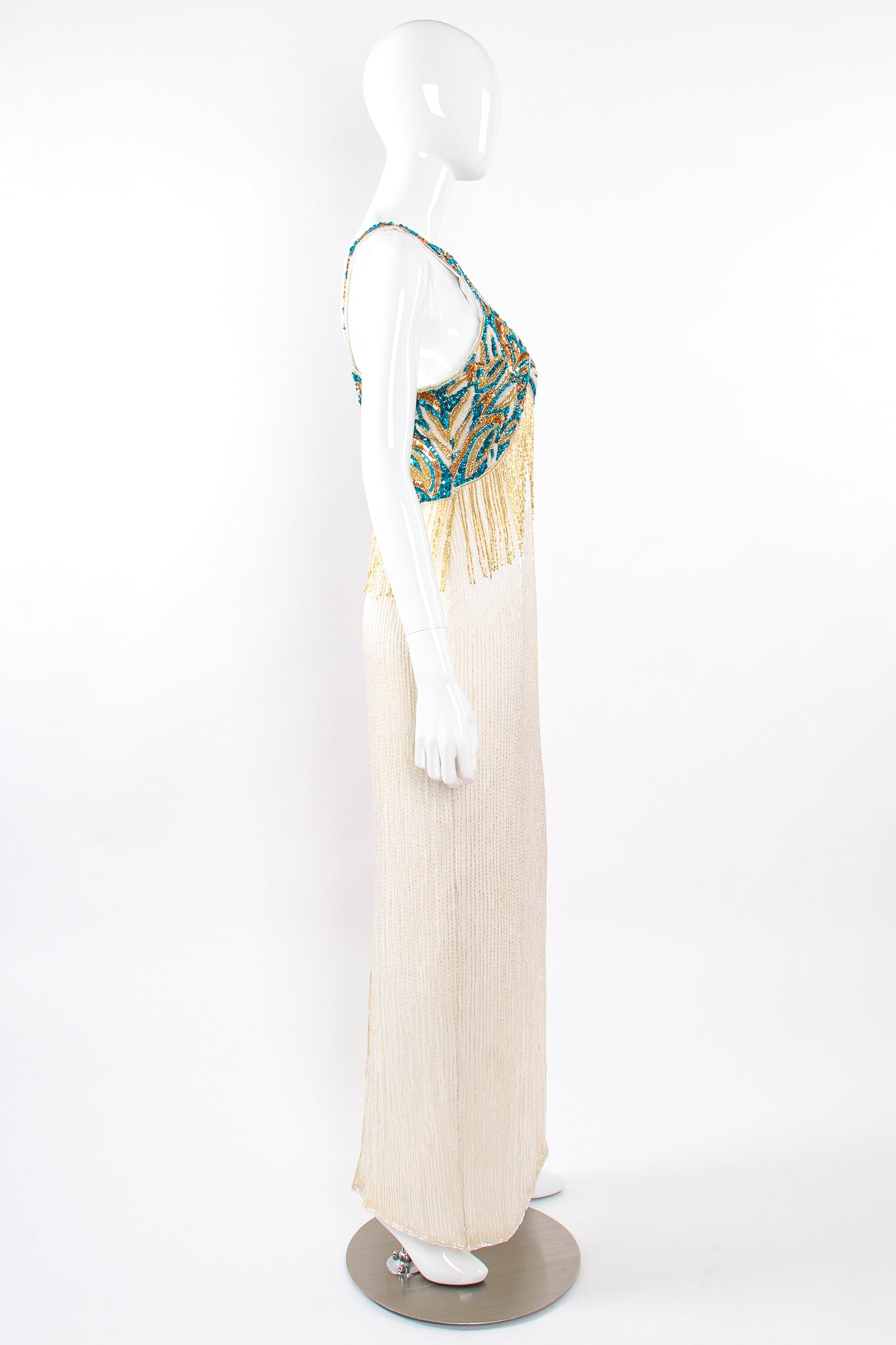 Vintage Sequins Originals Beaded Grecian Fringe Gown on Mannequin side at Recess Los Angeles